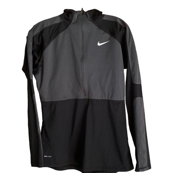 Nike Pro Black Gray 1/2 Zip Active Long Sleeve Thumb holes Running Jacket Size L - Picture 1 of 6